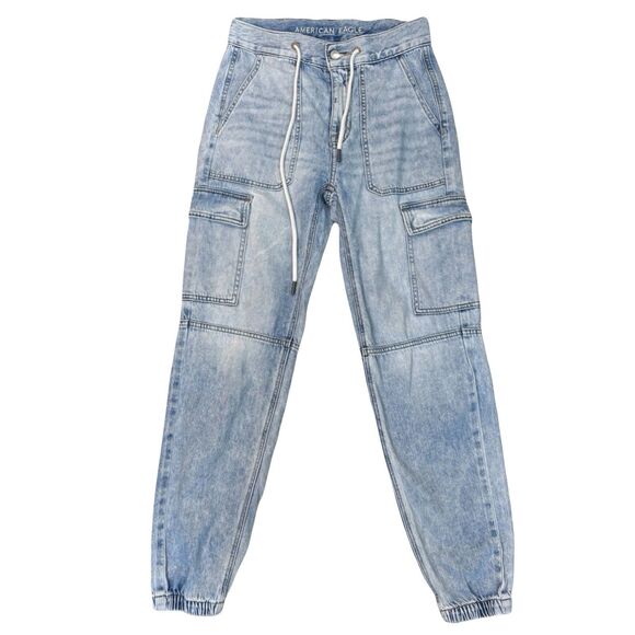 American Eagle 1977 Jeans Cargo Jogger Acid Wash Drawstring Sz 4 Genes Mom - Picture 1 of 11